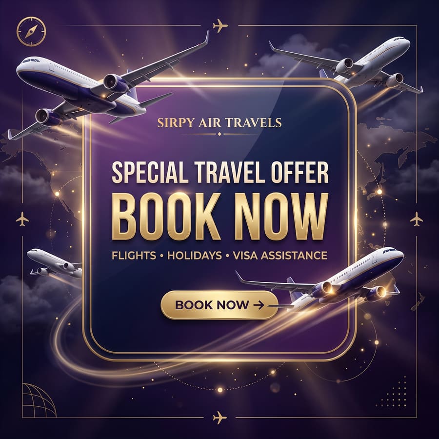Sirpy Air Travels special travel offer — book now for flights, holidays and visa assistance.